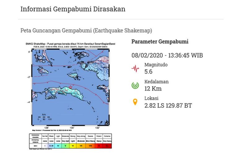 Gempa bumi bermagnitudo 5,6 mengguncang Laut Seram pada Sabtu (8/2/2020) sekitar pukul 13.36 WIB.