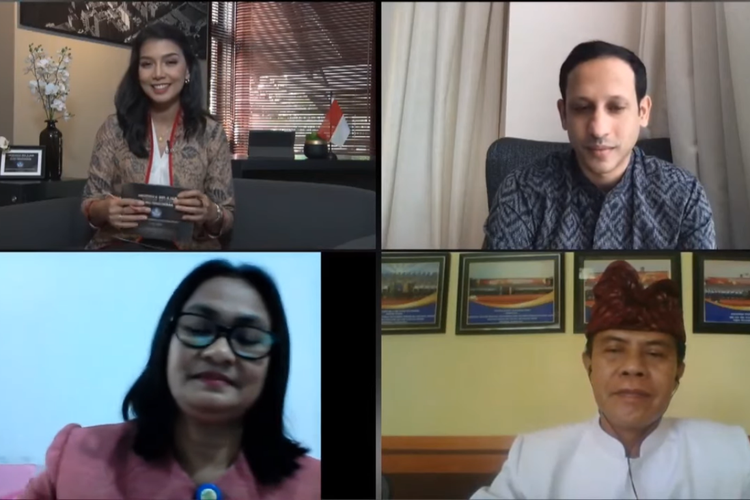Nadiem Makarem, Mariance Wila Dida, Nyoman Darta saat peluncuran Merdeka Belajar Episode 5 : Guru Penggerak melalui virtual zoom webinar, Jumat (03/07/2020).