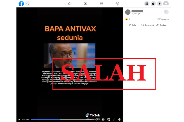 Tangkapan layar unggahan dengan narasi menyesatkan di sebuah akun Facebook, Jumat (5/8/2022), yang mengeklaim bahwa Tedros Adhanom Ghebreyesus adalah bapak antivax sedunia.