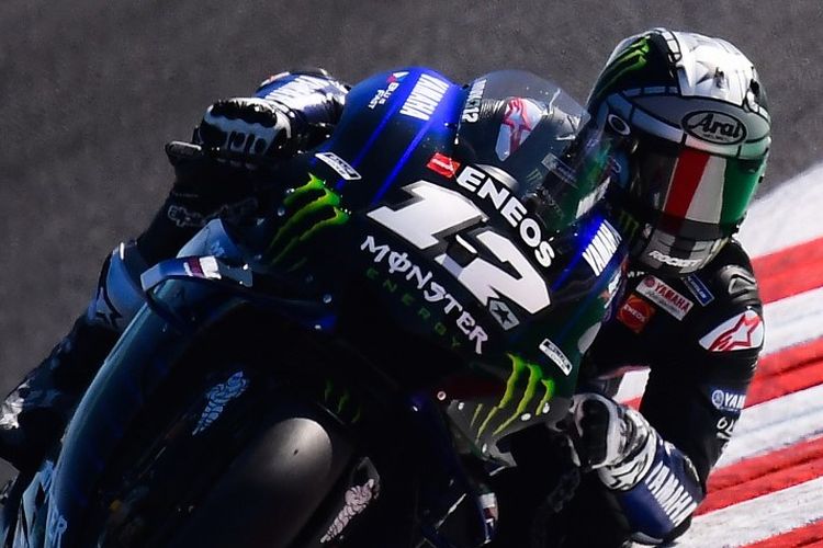 Pebalap Monster Energy Yamaha, Maverick Vinales, saat menjalani latihan bebas GP San Marino di Misano, 14 September 2019. 