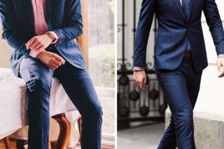 Jas biru navy dengan kemeja pink