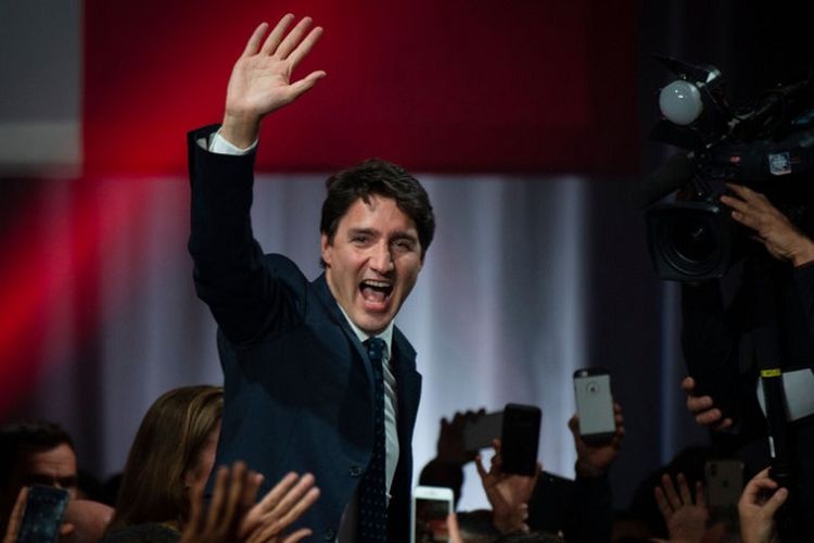 Perdana Menteri Kanada Justin Trudeau mendeklarasikan kemenangan di Montreal, Quebec, Selasa dini hari (22/10/2019). Trudeau kembali terpilih sebagai perdana menteri untuk periode kedua setelah meraih kemenangan tipis pada pemilu Kanada mengalahkan pesaingnya Partai Konservatif pimpinan Andrew Scheer.