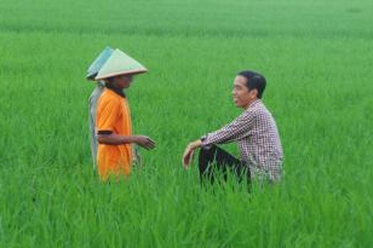 Joko Widodo saat berbincang dengan petani di Desa Gentasari, Kroya, Cilacap, Jawa Tengah, Jumat (13/6/2014).