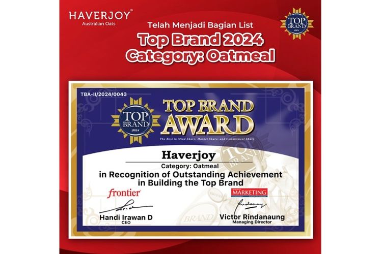 Haverjoy mendapat penghargaan Top Brand Award 2024 dalam kategori Oatmeal. 