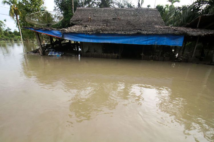 Sebuah rumah yang terendam banjir di Desa Buket Linteueng, Kecamatan Langkahan, Aceh Utara, Aceh, Senin (23/1/2023). Menurut Badan Penanggulangan Bencana Daerah (BPBD) Aceh Utara, hujan deras yang mengguyur Aceh Utara dalam dua hari terakhir mengakibatkan tujuh kecamatan di Aceh Utara terendam banjir dan sebanyak 11.202 jiwa warga terdampak banjir serta 420 jiwa mengungsi.