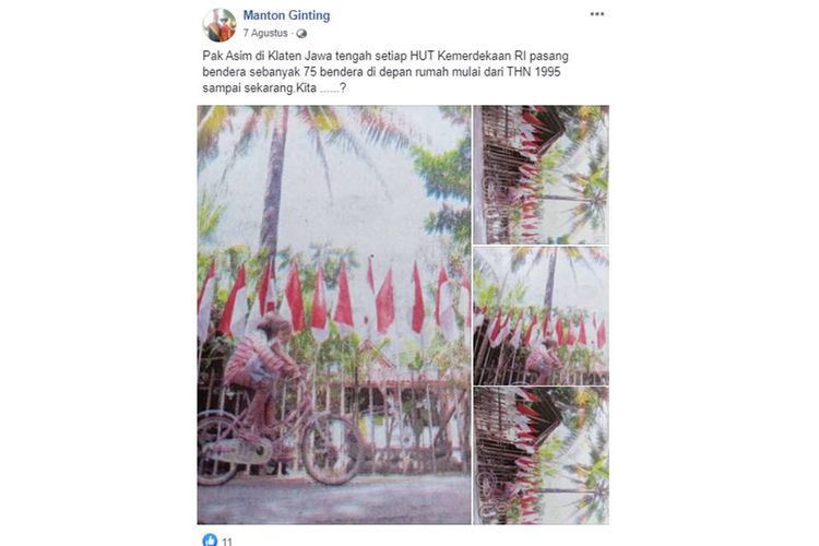 Sebuah video yang menampilkan soerang pria di Klaten, Jawa Tengah, memasang 75 bendera untuk memperingati hari ulang tahun ke-75 Republik Indonesia, viral di media sosial.