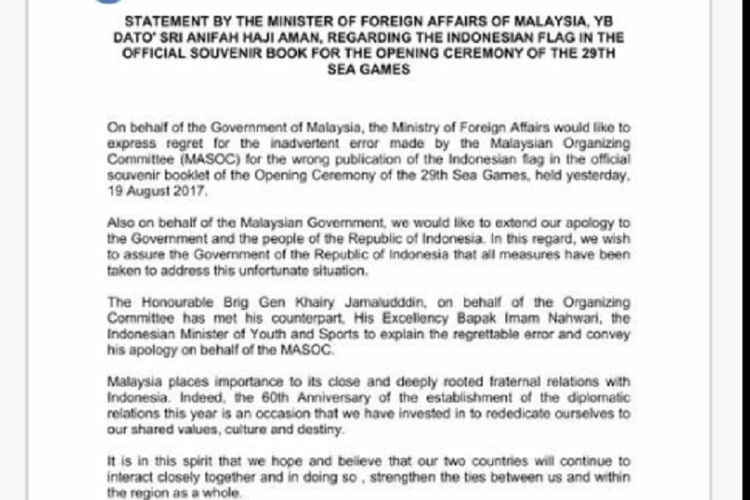 Rilis permohonan maaf resmi Kementerian Luar Negeri Malaysia soal insiden bendera terbalik Indonesia yang tercetak di buku cendera mata pada pembukaan SEA Games 2017.