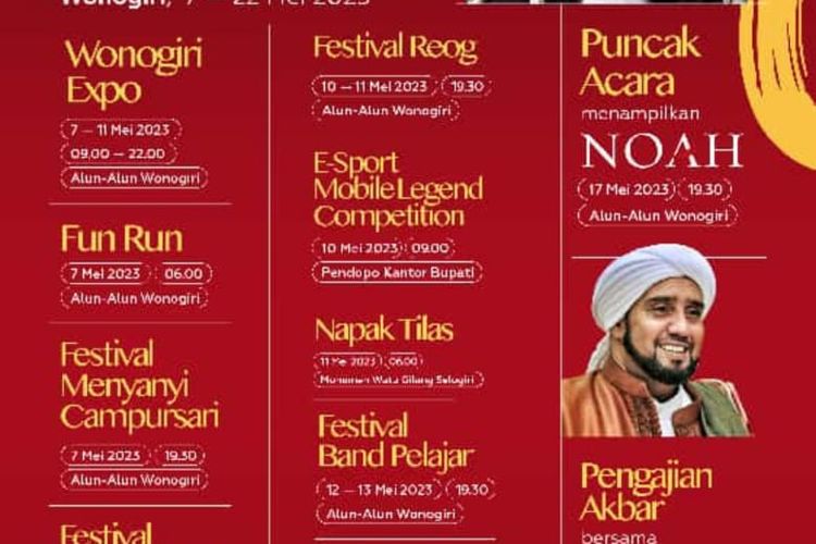 Pemkab Wonogiri memeringati HUT ke-282 Kabupaten Wonogiri dengan menggelar 12 acara pada 7-22 Mei 2023. Salah satunya adalah menggelar konser band Noah gratis di Alun-Alun Wonogiri.