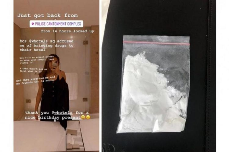 Sharonia Paruntu (kiri) meluapkan kemarahannya melalui Instagram setelah disangka membawa dan menggunakan bubuk narkoba yang rupanya adalah bedak ketiak atau bedak tawas (kanan) kepunyaannya 
