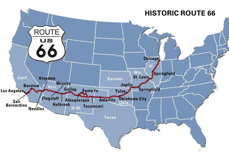 Ilustrasi peta Route 66.