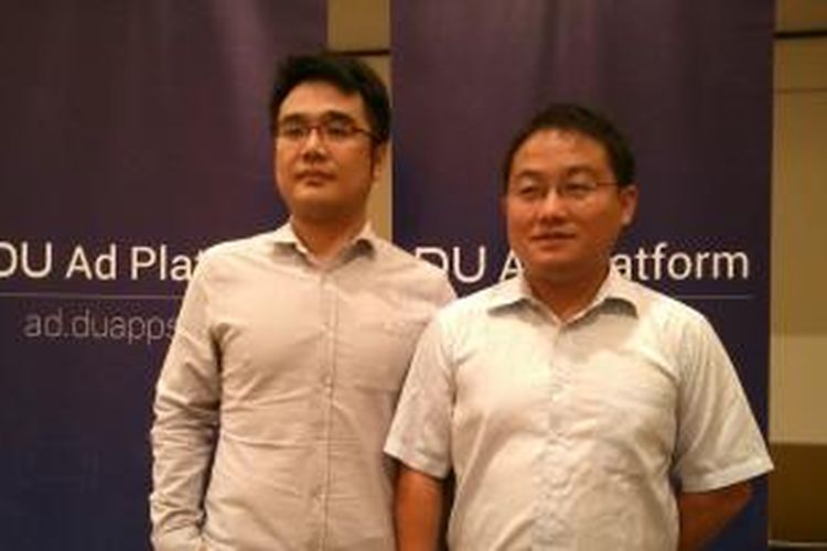 Direktur Baidu Indonesia Bao Jianlei dan Direktur Departemen International Baidu Tang Cai Lin dalam acara Mobile Scale-Up Conference Jakarta 2015, Kamis (5/11/2015), Jakarta.