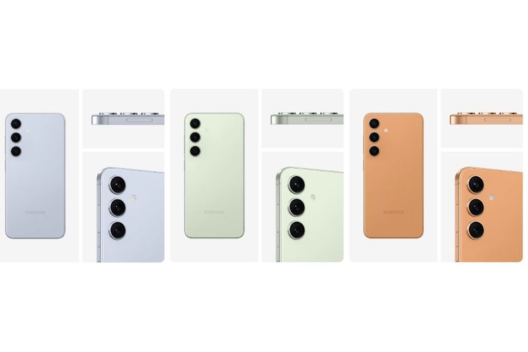 Pilihan warna Samsung Galaxy S24 reguler dan Galaxy S24 Plus bagi konsumen yang memesan secara online. (Kiri ke kanan) warna Sapphire Blue, Jade Green, dan Sandstone Orange.