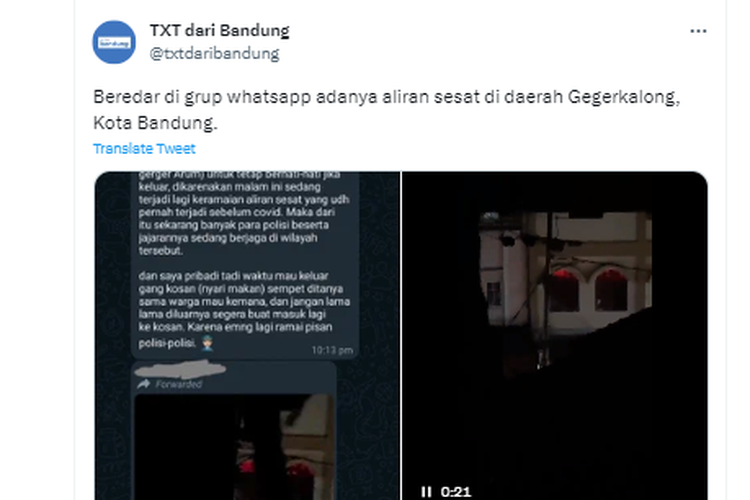 Tangkapan layar twit soal video disebut kegiatan aliran sesat di Gegerkalong, Bandung