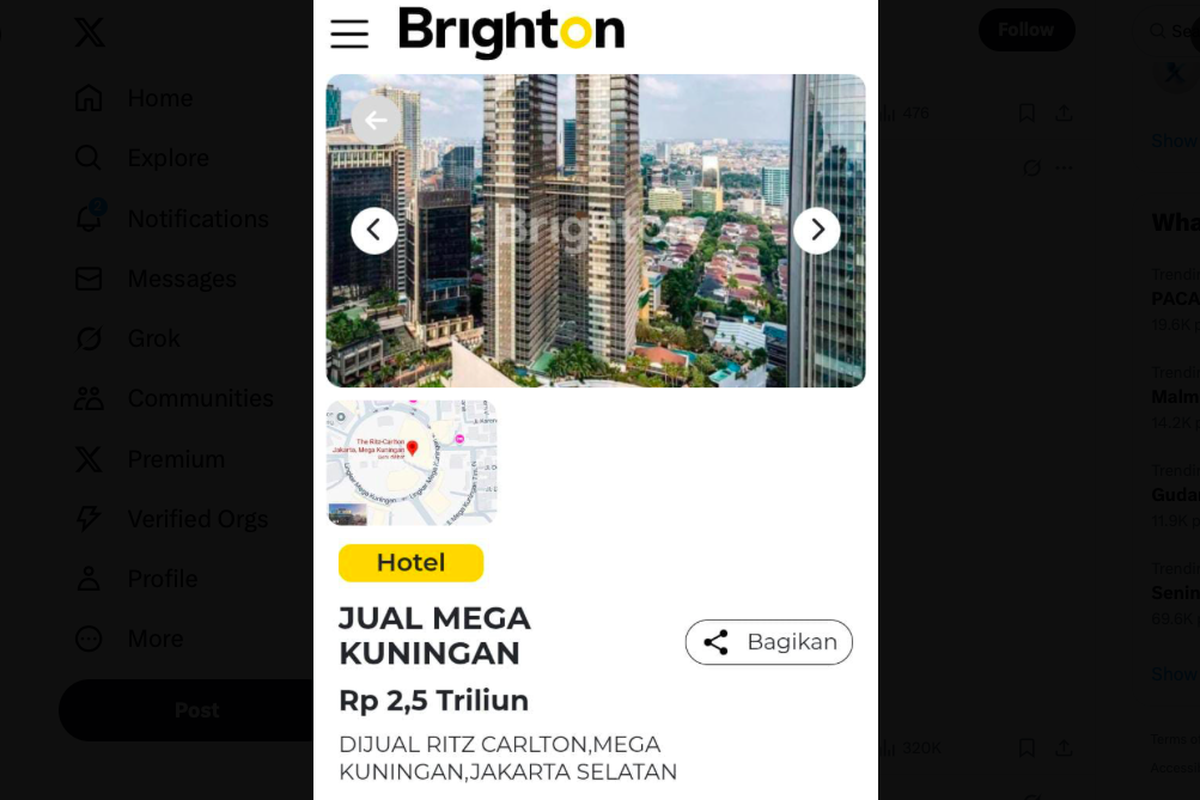 Unggahan di platform X, Ritz-Carlton Mega Kuningan Jakarta dijual dengan harga Rp 2,5 triliun. Namun, hal ini dibantah manajemen.
