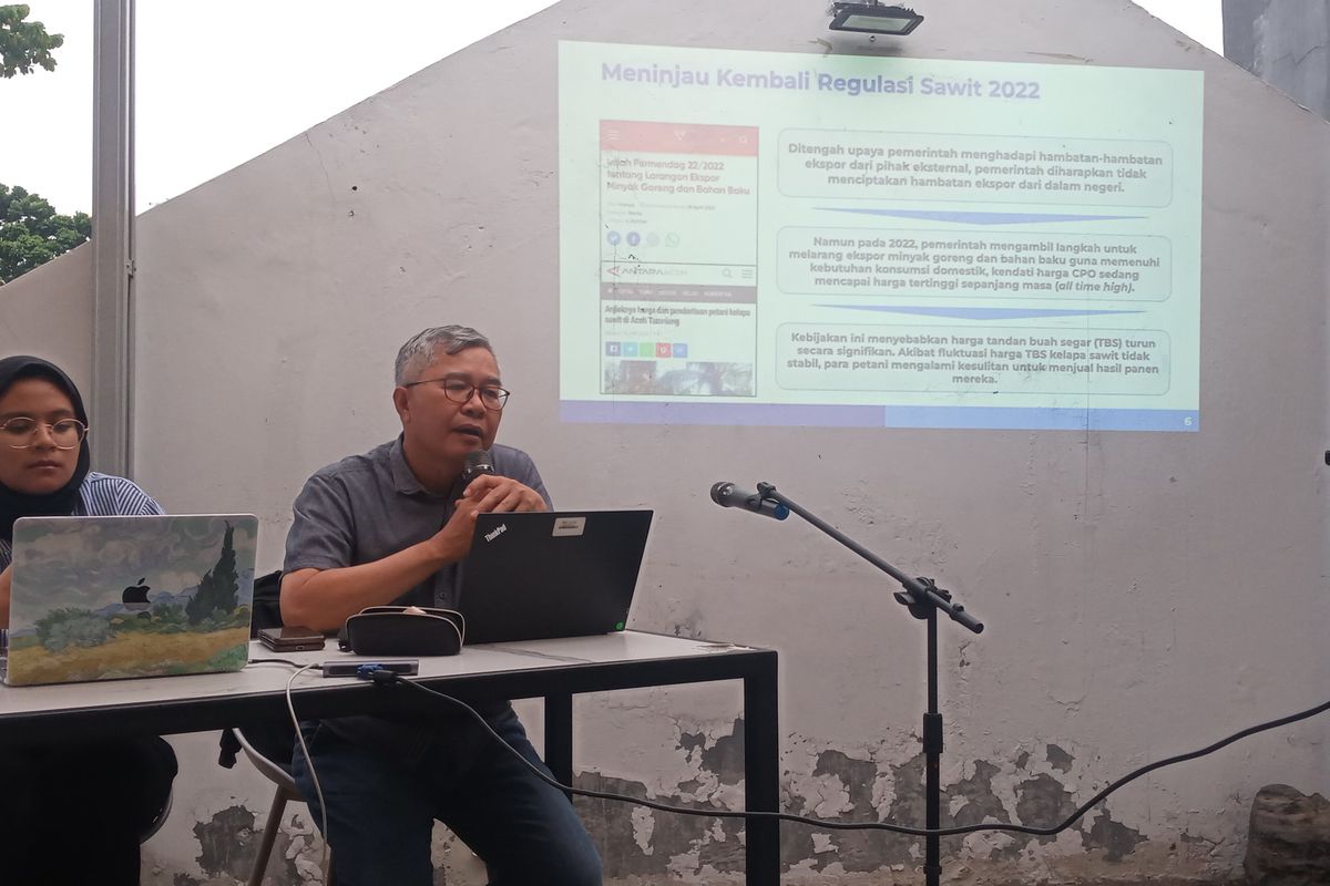 Direktur Segara Research Institut Piter Abdullah Redjalam dalam acara peluncuran dan diskusi White Paper Perkembangan dan Kebijakan Industri Sawit Indonesia, Senin (2/10/2023).