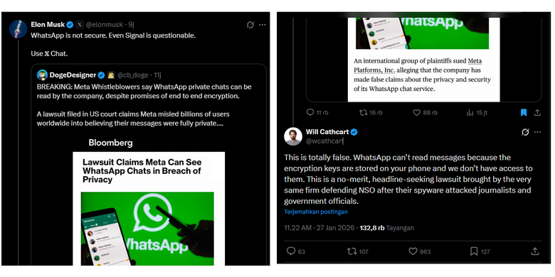 Tangkapan layar posting Elon Musk yang mengatakan bahwa WhatsApp tidak aman. Tudingan ini langsung dibantah Head of WhatsApp, Will Cathcart.