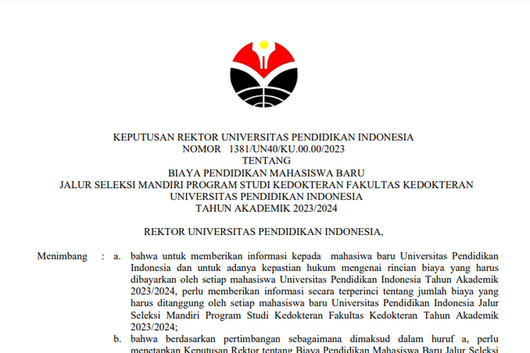 Biaya kuliah S1 Kedokteran UPI 2023/2024.