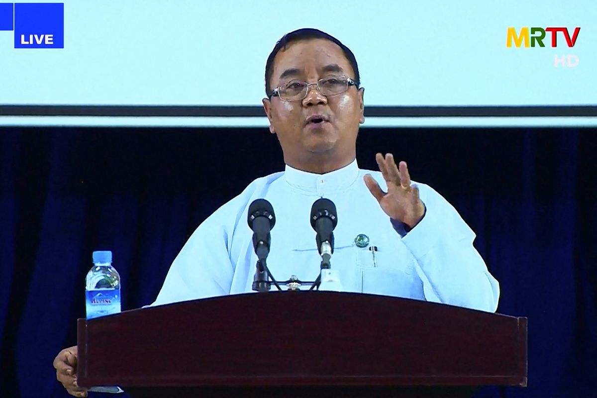 This screengrab provided via AFPTV and taken from a broadcast by Myanmar Radio and Television (MRTV) in Myanmar on April 9, 2021 shows junta spokesman Zaw Min Tun speaking during a live press conference organized by the military government in Naypyidaw on April 9, 2021, as the country remains in turmoil after the February military coup that led to widespread demonstrations by protesters. (Photo by Handout / various sources / AFP) AFP PHOTO / Myanmar Radio and Television via AFPTV