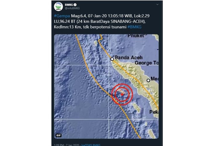 Gempa bumi berkekuatan 6,4 magnitudo mengguncang wilayah Sinabang, Aceh pada Selasa (7/1/2020) pukul 13.05 WIB. Termasuk gempa dangkal.
