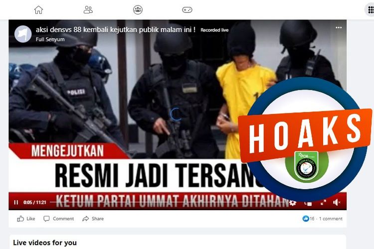 Tangkapan layar Facebook narasi yang menyebut bahwa Ketua Umum Partai Ummat ditetapkan menjadi tersangka