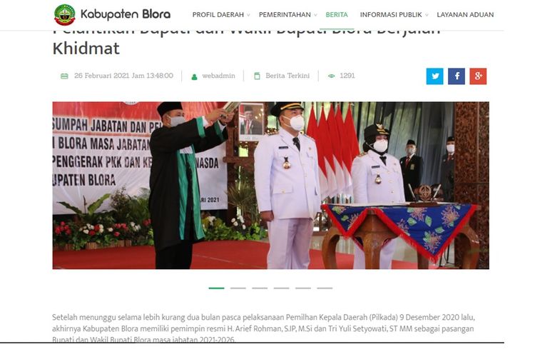 Tangkapan layar laman Pemkab Blora berisi foto pelantikan Bupati dan Wakil Bupati Blora