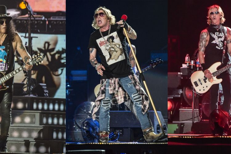 Foto combo, personel Guns N' Roses Axl Rose (tengah), Slash (kiri) dan Duff McKagan (kanan) beraksi para konsernya yang bertajuk 'Not In This Lifetime'  di Gelora Bung Karno, Jakarta, Kamis (8/11/2018). Pada konser tersebut Guns N' Roses membawakan sejumlah lagu andalannya salah satunya 'Welcome to The Jungle'. 