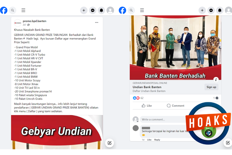 Tangkapan layar konten hoaks di sebuah akun Facebook, Rabu (6/3/2024), menawarkan pendaftaran gebyar undian Bank Banten.