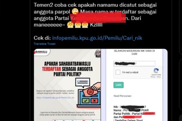  Sebuah twit terkait warganet yang mengeluhkan namanya dicatut sebagai anggota partai politik, viral di media sosial Twitter