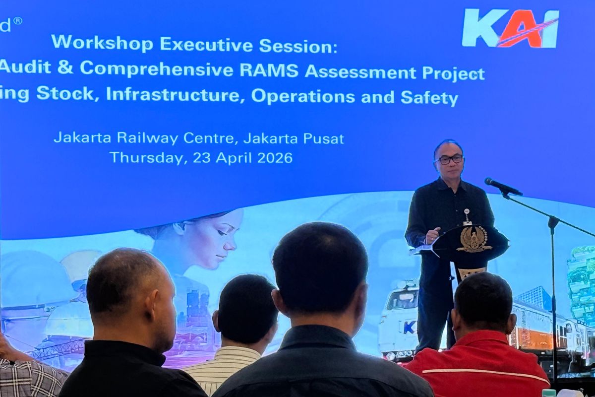 Workshop Executive Session: Technical Audit & Comprehensive RAMS Assessment Project for Rolling Stock, Infrastructure, Operations and Safety ? RAMS Knowledge Sharing KAI yang digelar di Ballroom Jakarta Railway Center, Kamis (23/4/2026).