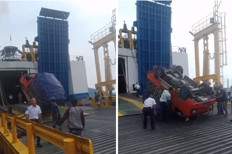 Tangkapan layar unggahan video memperlihatkan mobil jenis pikap membawa muatan terbalik saat hendak masuk kapal di Pelabuhan Bakauheni, Lampung.