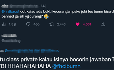 Tangkapan layar twit terkait indikasi kecurangan saat tes Rekrutmen Bersama BUMN 2022.