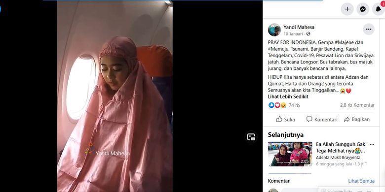 Tangkapan layar unggahan Facebook yang menyebut ada banyak bencana di Indonesia selama 2021, termasuk tsunami dan pesawat Lion Air jatuh.