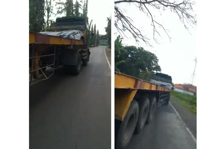 Tangkapan layar video viral truk trailer di Lumajang disebut tak beri jalan pengendara motor di belakangnya yang hendak menyalip.