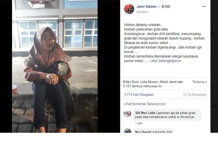 Postingan viral Facebook akun Jemi Ndoen yang mengatakan ada seorang wanita jadi korban pelecehan driver ojol di Surabaya. 