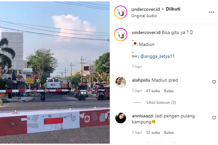 Tangkapan layar unggahan video yang memperlihatkan lokomotif kereta api lewat belakang palang perlintasan yang ditutup.