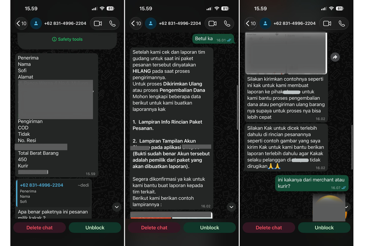 Isi chat modus penipuan paket hilang via WhatsApp