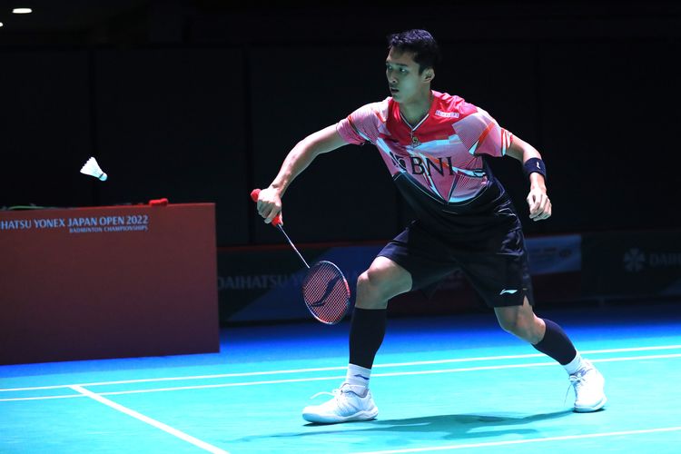 Aksi tunggal putra Indonesia, Jonatan Christie, ketika menghadapi Mark Caljouw (Belanda) pada babak pertama atau 32 besar Japan Open 2022, Rabu (31/8/2022) siang WIB.