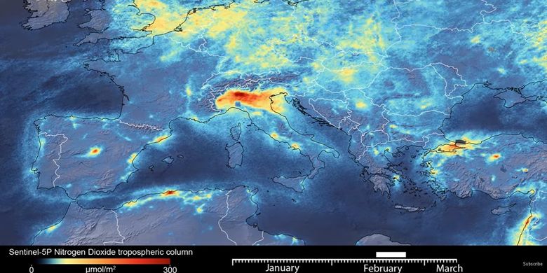 Citra satelit Copernicus Sentinel-5P milik ESA dari langit di Italia Utara, menunjukkan penurunan polusi udara secara drastis setelah Italia menyatakan lockdown karena wabah pandemi virus corona, Covid-19.