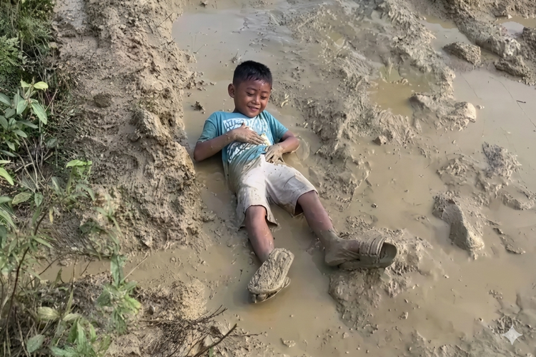 Warga Protes Jalan Rusak, Bocah 7 Tahun Mandi Lumpur di Kepulauan Sumenep