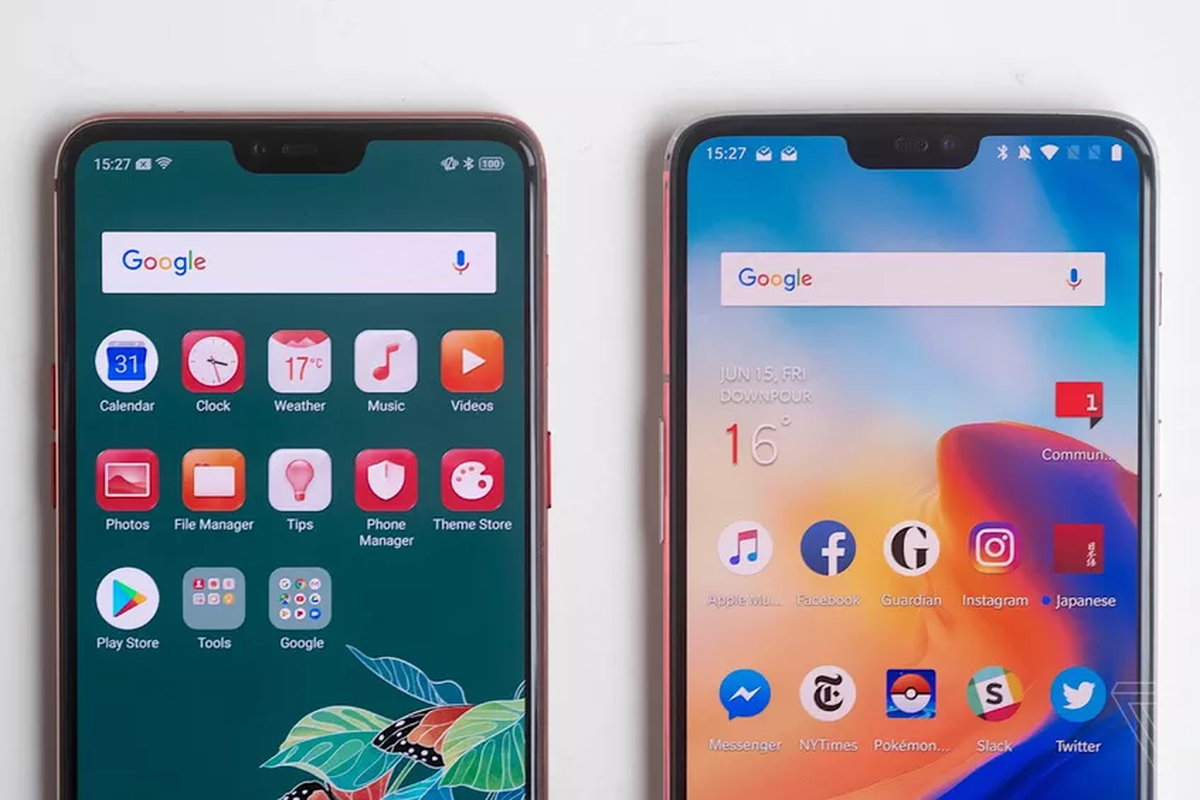 Tampak depan Oppo R15 (kiri) OnePlus 6 (kanan) yang sama-sama memiliki display 6,28 inci.