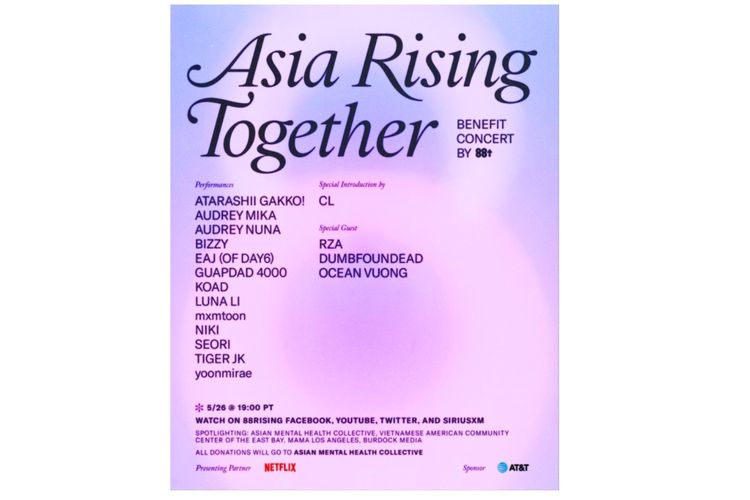 88rising akan menggelar sebuah konser amal bertajuk Asia Rising Together. Konser ini bisa disaksikan di berbagai platform yang dimiliki 88rising sepeti Facebook, YouTube, Twitter dan channel SiriusXM pada tanggal 27 Mei jam 09.00 WIB.