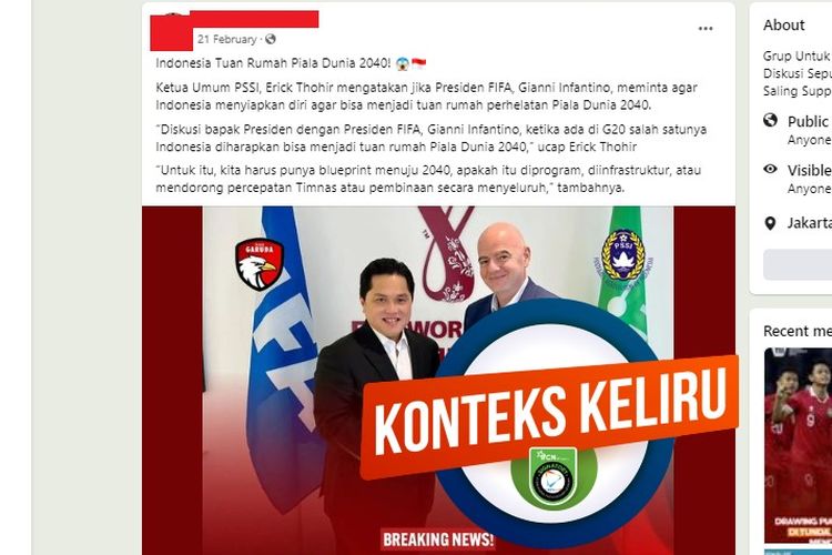 Tangkapan layar Facebook narasi yang menyebut bahwa Indonesia ditunjuk menjadi tuan rumah Piala Dunia 2040
