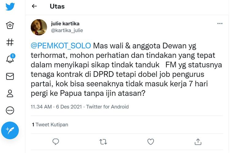 Laporan ada oknum TKPK tak masuk kerja selama tujuh hari itu diunggah oleh pemilik akun Twitter @kartika_julie pada Senin (6/12/2021).