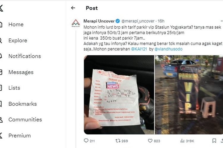 Tangkapan layar soal parkir VIP di Stasiun Tugu Yogyakarta.