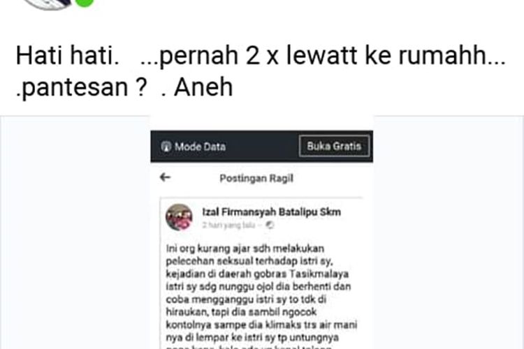 Korban pelempar sperma oleh seorang pria di Kota Tasikmalaya ramai-ramai posting di media sosial.