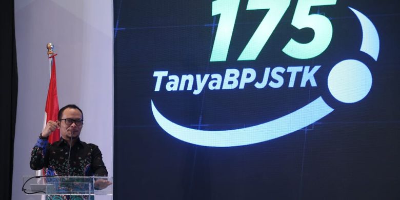 Menteri Ketenagakerjaan Hanif Dhakiri saat memberikan sambutan peluncuran inovasi pelayanan baru BPJS Ketenagakerjaan, yakni layanan masyarakat 175 dan layanan cepat tanggap bencana alam di Jakarta Rabu (10/4/2019).
