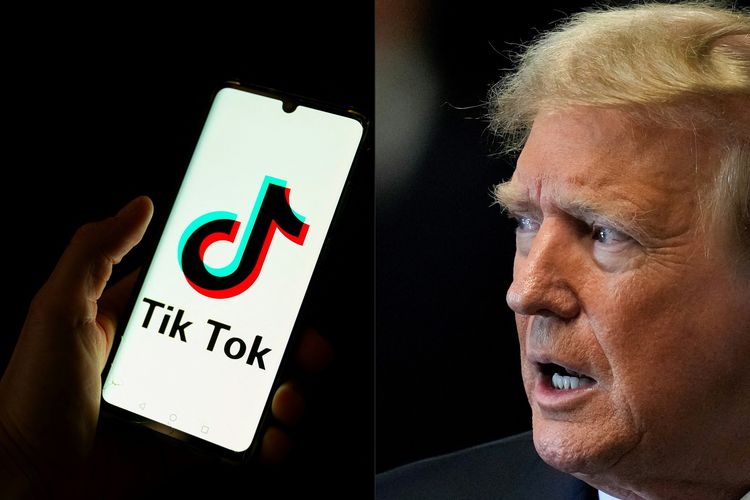 Logo TikTok (kiri) dan foto Presiden Amerika Serikat Donald Trump (kanan) saat tiba di Pengadilan Pidana Manhattan, 27 Desember 2024.