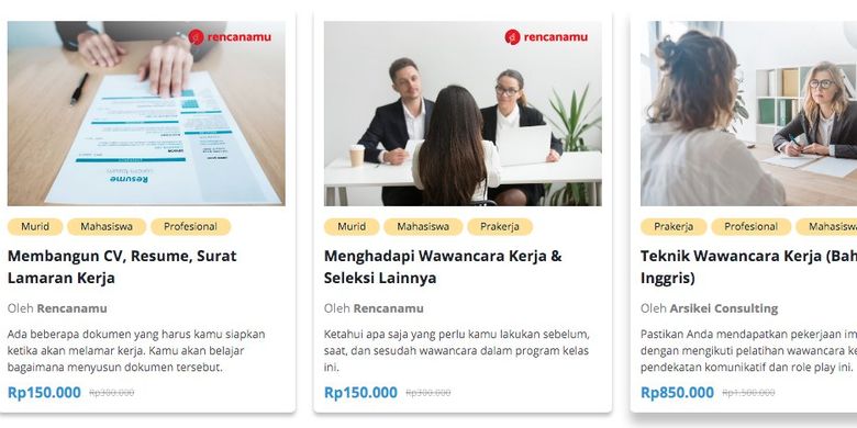 Tangkapan layar program pelatihan Kartu Prakerja di situs https://prakerja.sekolah.mu/