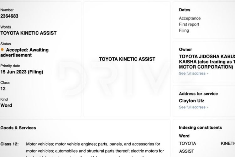 Merek dagang Toyota Kinetic Assist dipatenkan di Australia