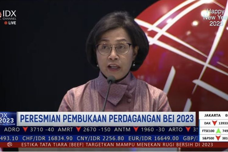 (Screen grab) Finance Minister Sri Mulyani Indrawati at the inaugural Indonesia Stock Exchange trading session for 2023 in Jakarta on Monday, January 2, 2023. 
